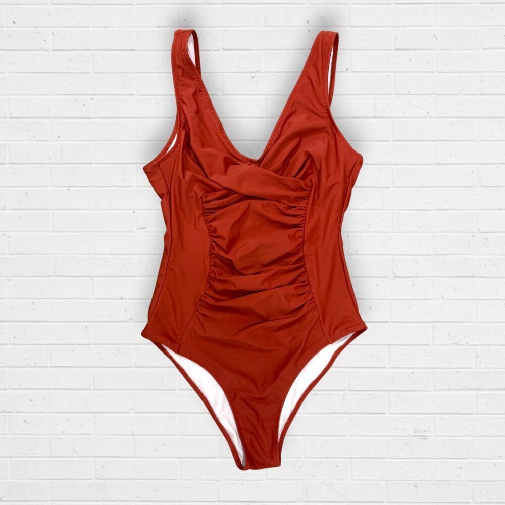 New CUPSHE Slimming One Piece Ruched Swimsuit Rust Brown Burgundy Womens Size M